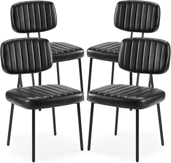 Sweetcrispy Dining Chairs Set of 4, Upholstered Mid Century Modern Kitchen Accent Chairs with Faux Leather Cushion Seat & Metal Legs for Home Office, Living Room - Black