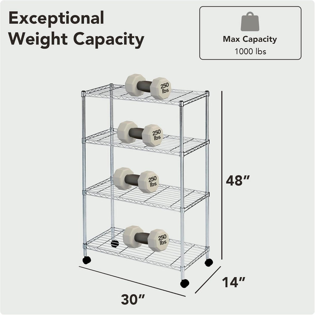 Heavy Duty 4 Tier Wire Shelving Unit Storage Rack, Metal Shelves Utility Organizers, Organization Units for Products, Plant, Pantry, Garage, Laundry Durable Shelf Stand, Chrome, 14"W x 30"L X 48"H