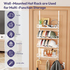SWTYMIKI Over Door Hat Organizer - 5 Tier Wall Mounted Hat Rack with 4 Adjustable Metal Basket and 3 Hooks, Hanging Baseball Cap Organizer Storage Holds up to 49 Caps for Door, Bedroom, Closet
