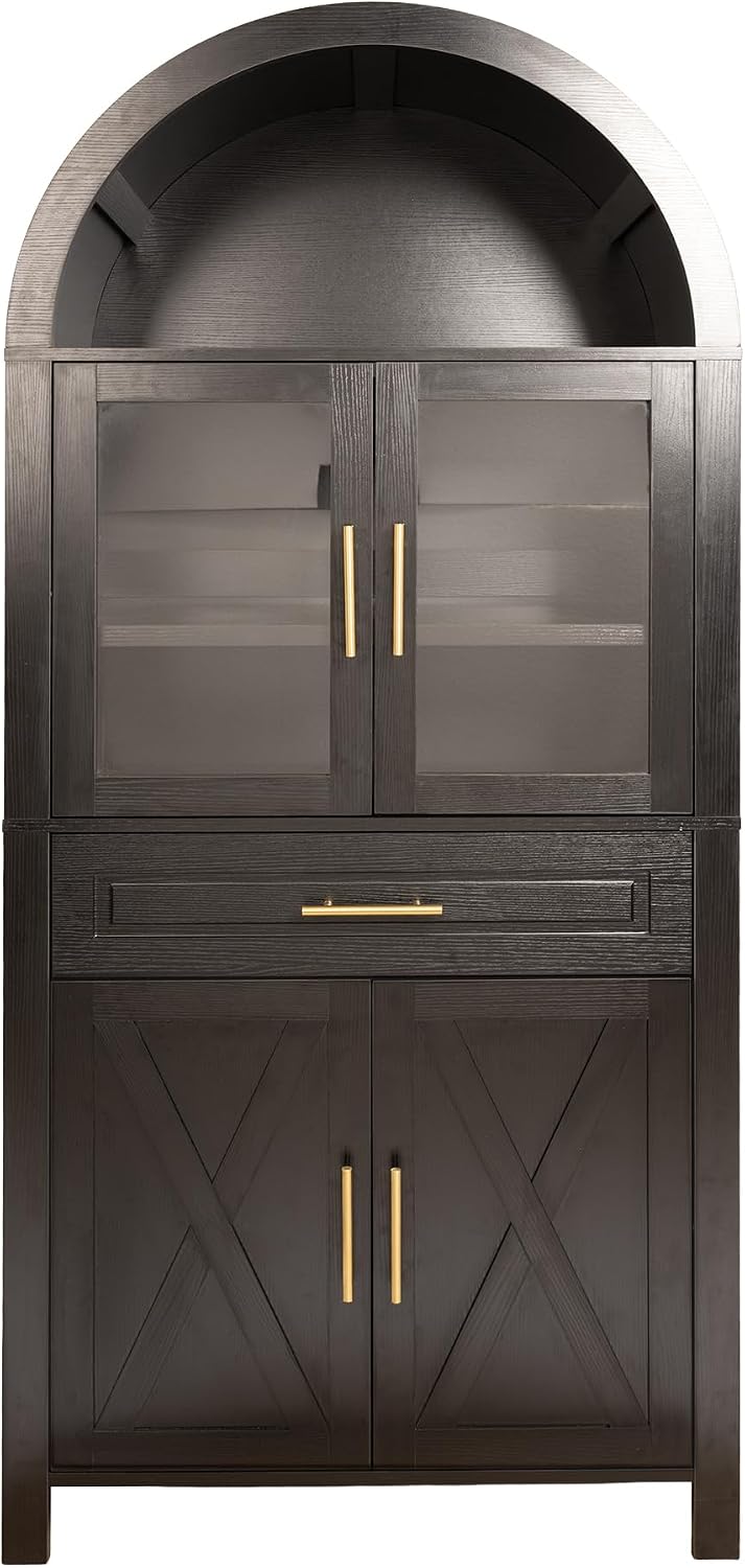 71 Inch Tall Arched Pantry Cabinet with Glass Door, Farmhouse Kitchen Pantry ...