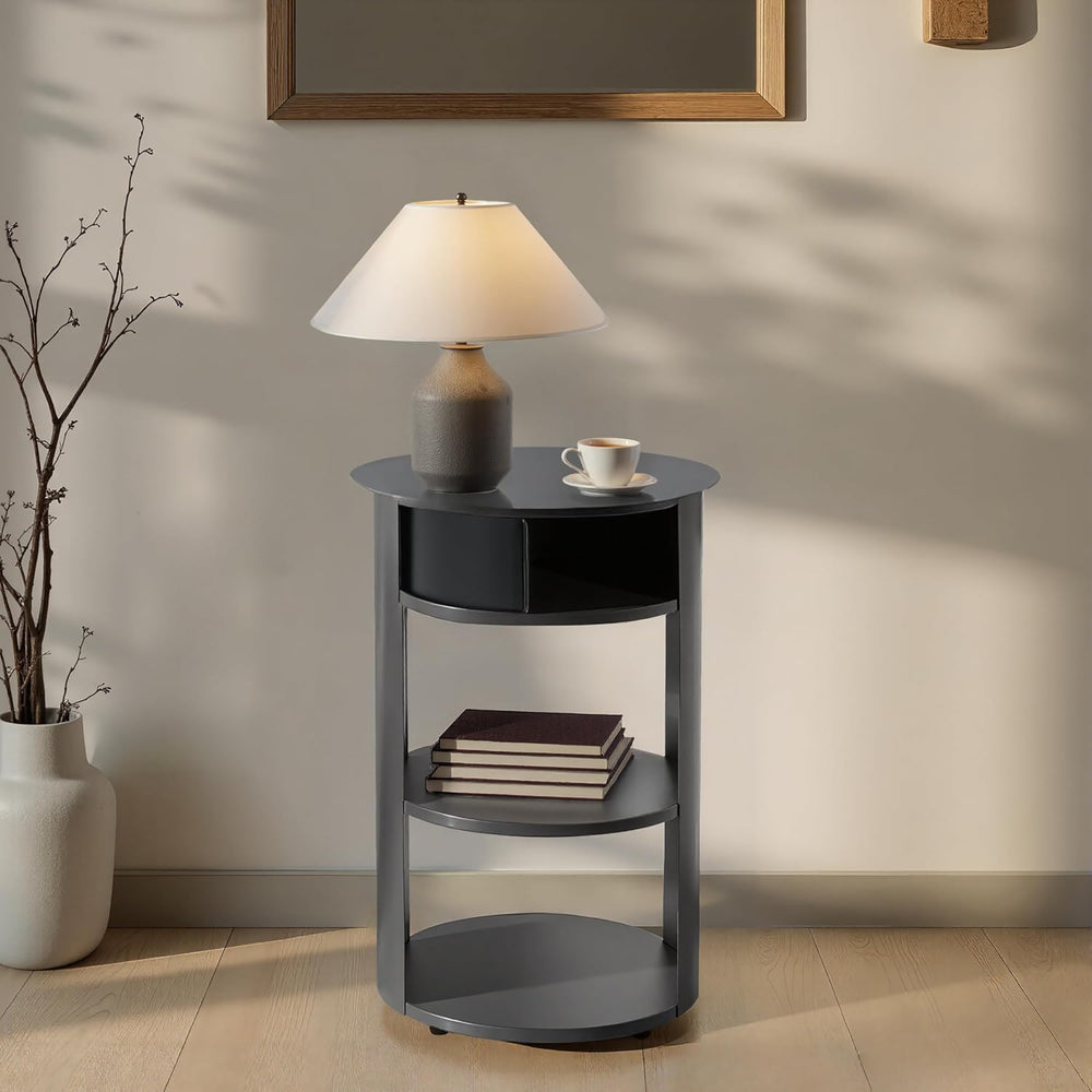 GDFStudio 3-Tier Modern Round Side Table with Sliding Door Storage, Pre-Assem...
