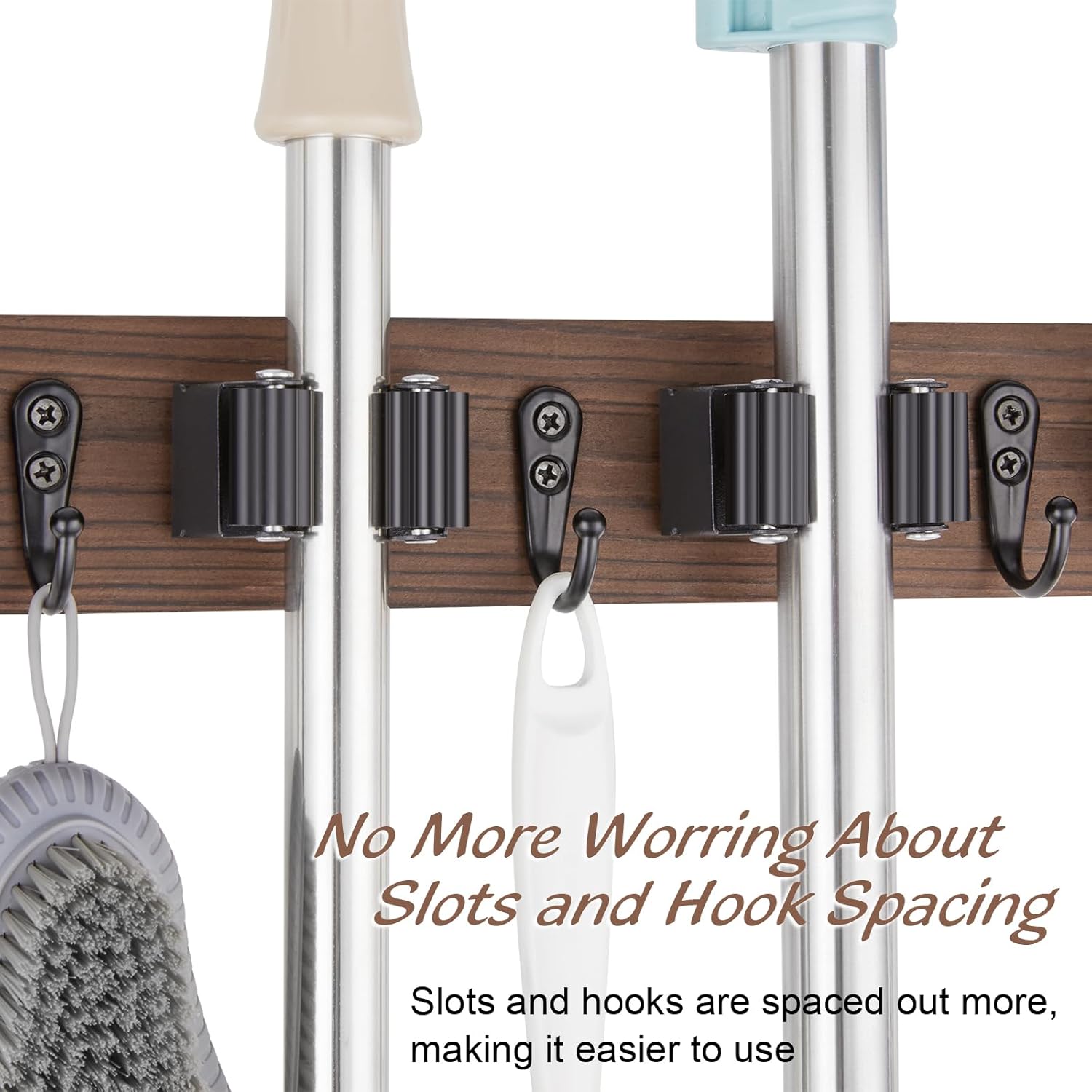 Mop and Broom Holder Wall Mount - Wood Broom Mop Hanger - Wall Mounted Garden Tool Rack Organizer for Closet Garage Laundry Room for Rustic Kitchen Decor With 5 Slots & 4 Hooks