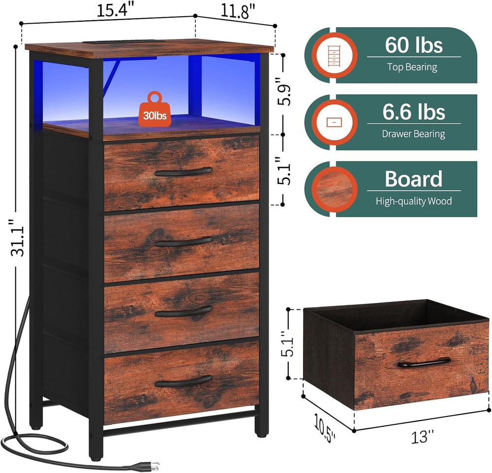 Yoobure Night Stand - LED Rustic Nightstand with Charging Station for Dorm | ...
