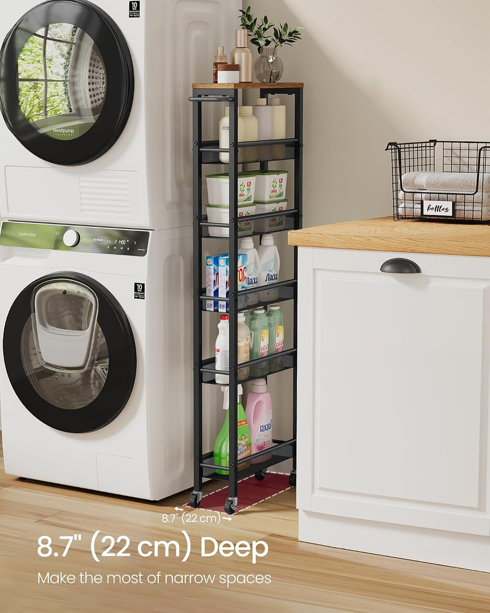 VASAGLE Slim Storage Cart, 6-Tier Rolling Utility Cart, Skinny Shelf for Kitc...