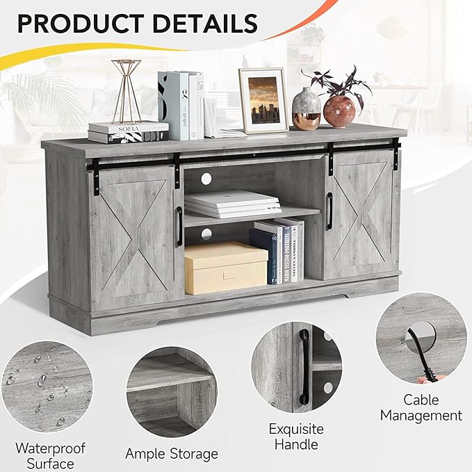 IDEALHOUSE Farmhouse TV Stand, Entertainment Center for 65 Inch TV Media Console Cabinet, White Barn Doors TV Stand with Storage and Shelves, Modern TV Console Table Furniture for Livingroom (Gray)