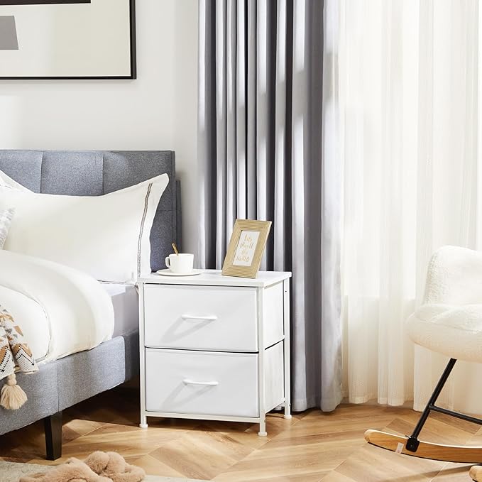 DUMOS Nightstand Small Dresser with 2 Fabric Drawers Side Tables Bedroom End Table Kids Bedside Storage Furniture for 20 inch Tall Night Stand for Closet, Entryway, College Dorm, White(2 Pack)