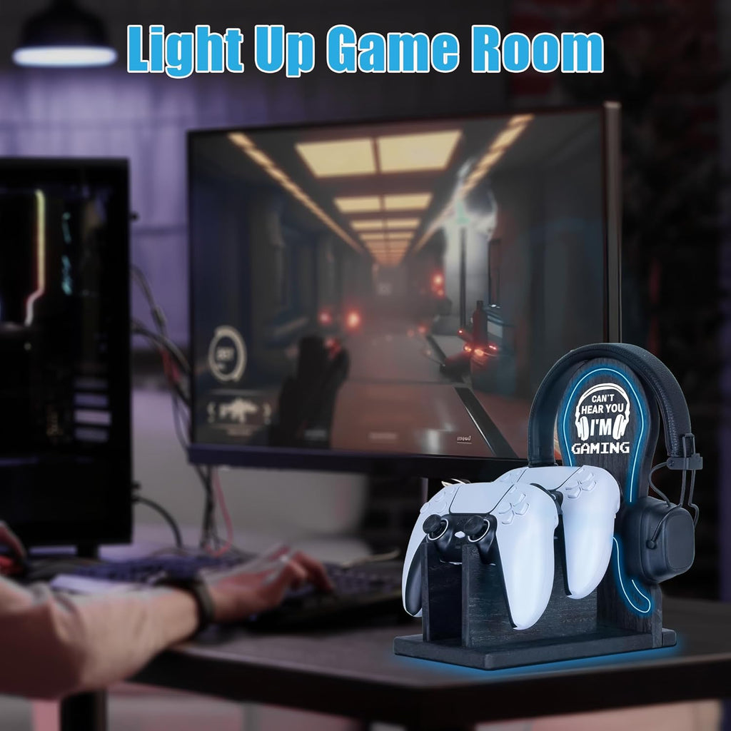 Gamer Gifts Light Up Controller Holder & Headphone Stand with Neon Light, Stylish Gaming Accessories Setup Controller Stand Headset Stands, Unique Gifts for Gamers to Organize Gaming Equipment