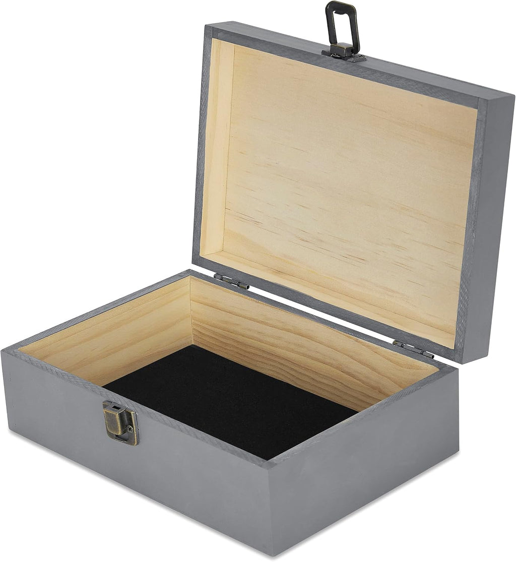 makerflo Medium Grey Pine Wood Memory Box with Hinged with Clasp, Black Felt Inside, Keepsake Wooden Box Ideal for Craft and Personalization (Laser Engraving, Epoxy, UV DTF, and Vinyl) – Pack of 1