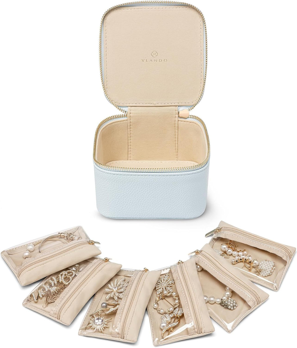 Vlando Travel Jewelry Case,Travel Jewelry Organize with 6 Velvet Jewelry Zipper Pockets,Premium Petal Hardware Jewelry Case for Birthday Wedding Graduation Gifts-Baby Blue