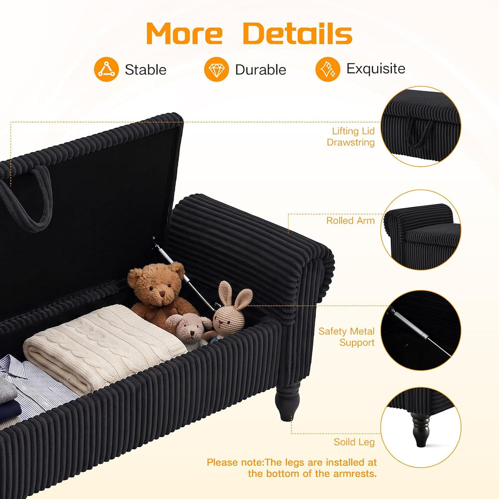 55" Storage Ottoman Bench, Corduroy End of Bed Bench for Bedroom, Black ...