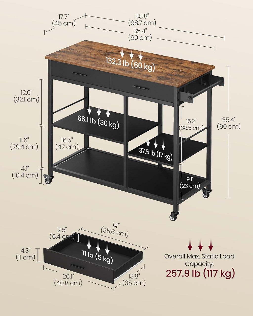 VASAGLE Kitchen Rolling Island, Mobile Kitchen Cart with Storage on Wheels, 17.7 x 38.8 x 35.4 Inches, Towel Rack, 2 Drawers, 2 Hooks, for Dining Room, Rustic Brown and Ink Black UKKI010KD01