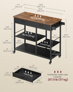 VASAGLE Kitchen Rolling Island, Mobile Kitchen Cart with Storage on Wheels, 17.7 x 38.8 x 35.4 Inches, Towel Rack, 2 Drawers, 2 Hooks, for Dining Room, Rustic Brown and Ink Black UKKI010KD01