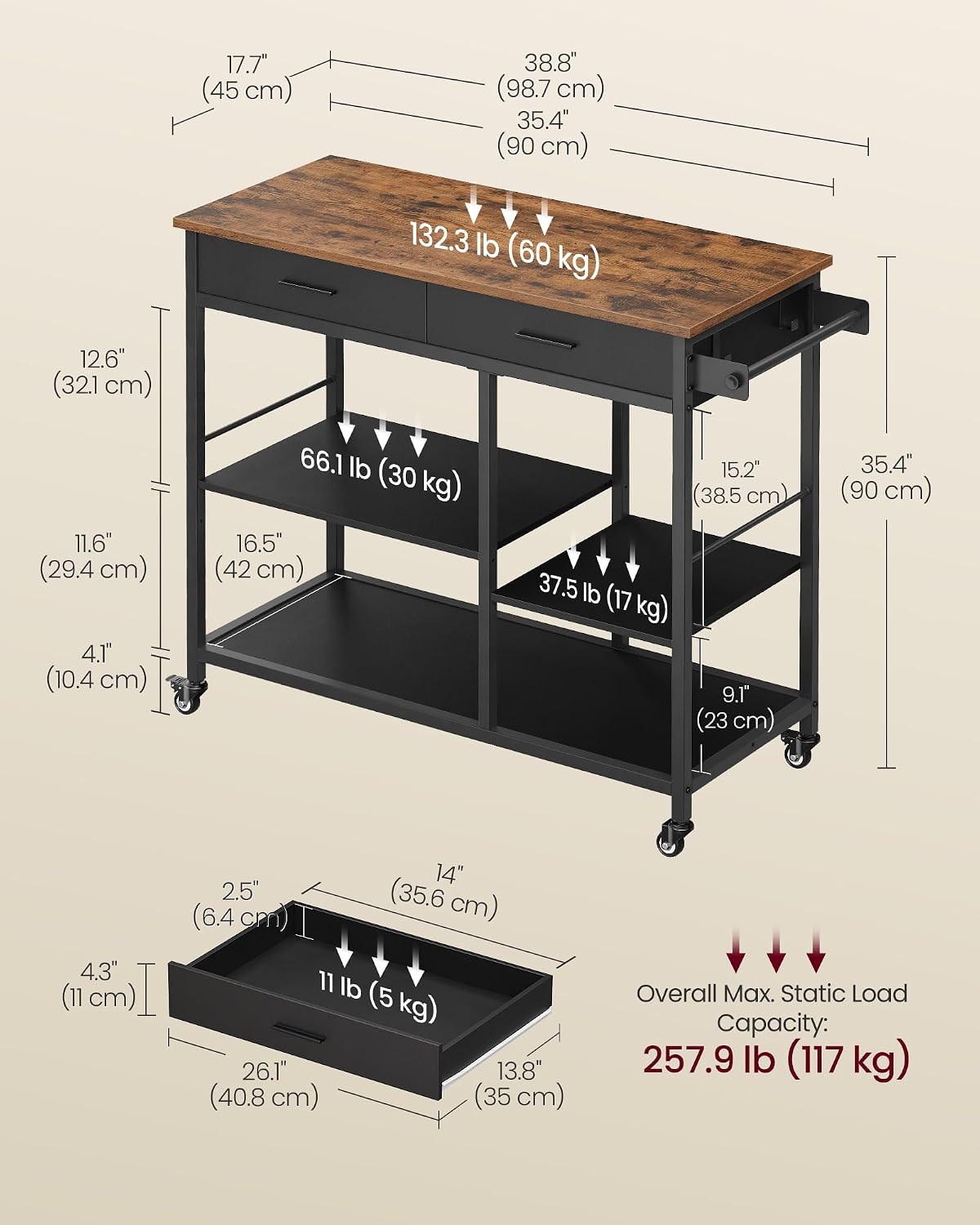 VASAGLE Kitchen Rolling Island, Mobile Kitchen Cart with Storage on Wheels, 17.7 x 38.8 x 35.4 Inches, Towel Rack, 2 Drawers, 2 Hooks, for Dining Room, Rustic Brown and Ink Black UKKI010KD01