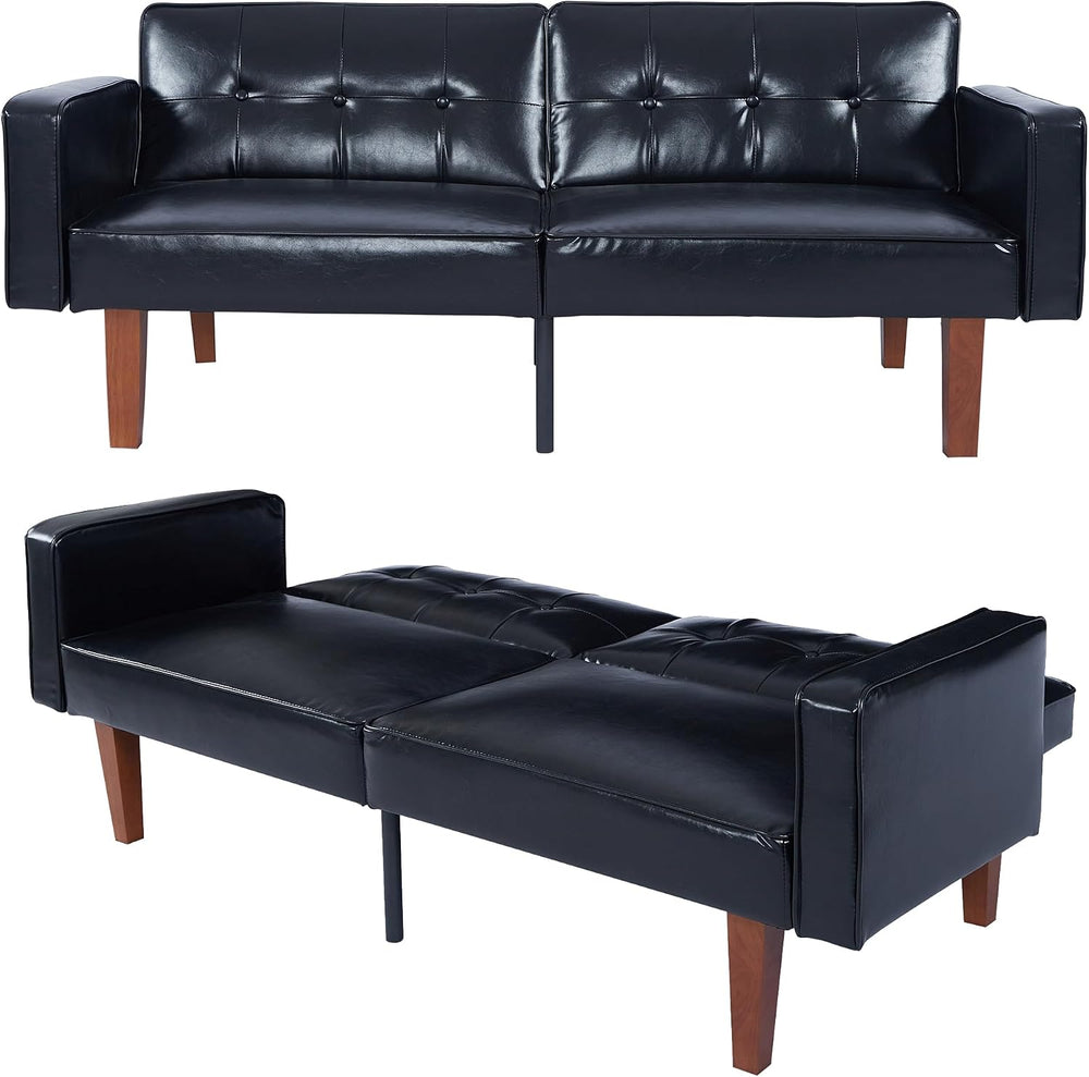 mikibama Convertible PU Leather Black Futon Sofa Bed with Split Back,Mid Cent...