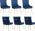 Velvet Dining Chairs Set of 6, Modern Upholstered Kitchen Chair with Pull Handle & Pleated Back, Mid Century Accent Chair with Gold Metal Legs for Vanity,Dining,Kitchen,Living Room, Dark Blue