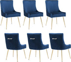 Velvet Dining Chairs Set of 6, Modern Upholstered Kitchen Chair with Pull Handle & Pleated Back, Mid Century Accent Chair with Gold Metal Legs for Vanity,Dining,Kitchen,Living Room, Dark Blue