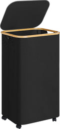 Laundry Basket with Wheels,100L Hampers for Laundry,Black Large Laundry Hamper with Lid and Bamboo Handles,Collapsible & Waterproof Tall Cloth Hamper for Dormitory Family