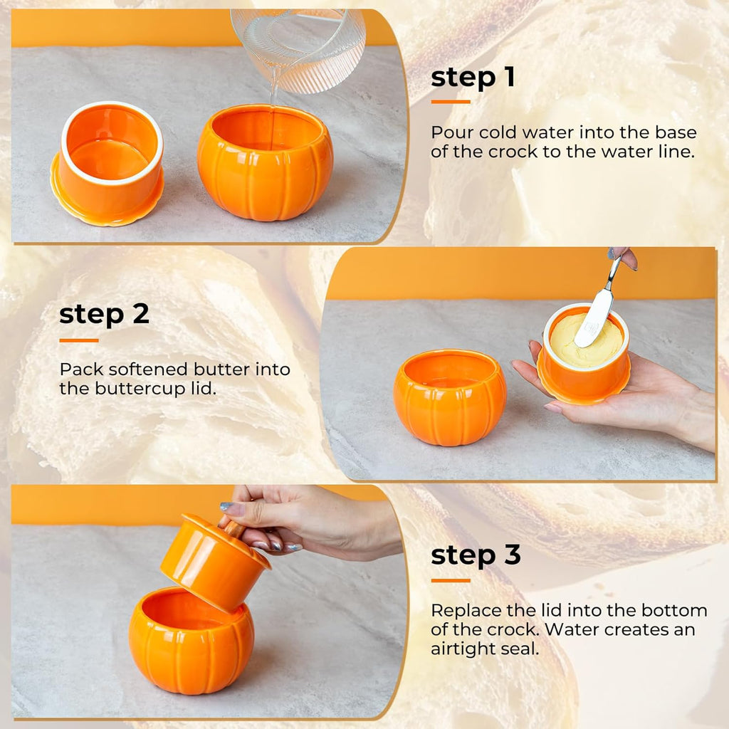 SETRON Halloween Pumpkin Butter Crock, Ceramic Butter Keeper with Lid, Airtight French Butter Crock for Countertop Storage, Butter Dish for Spreadable Butter, Perfect Gift for Kitchen
