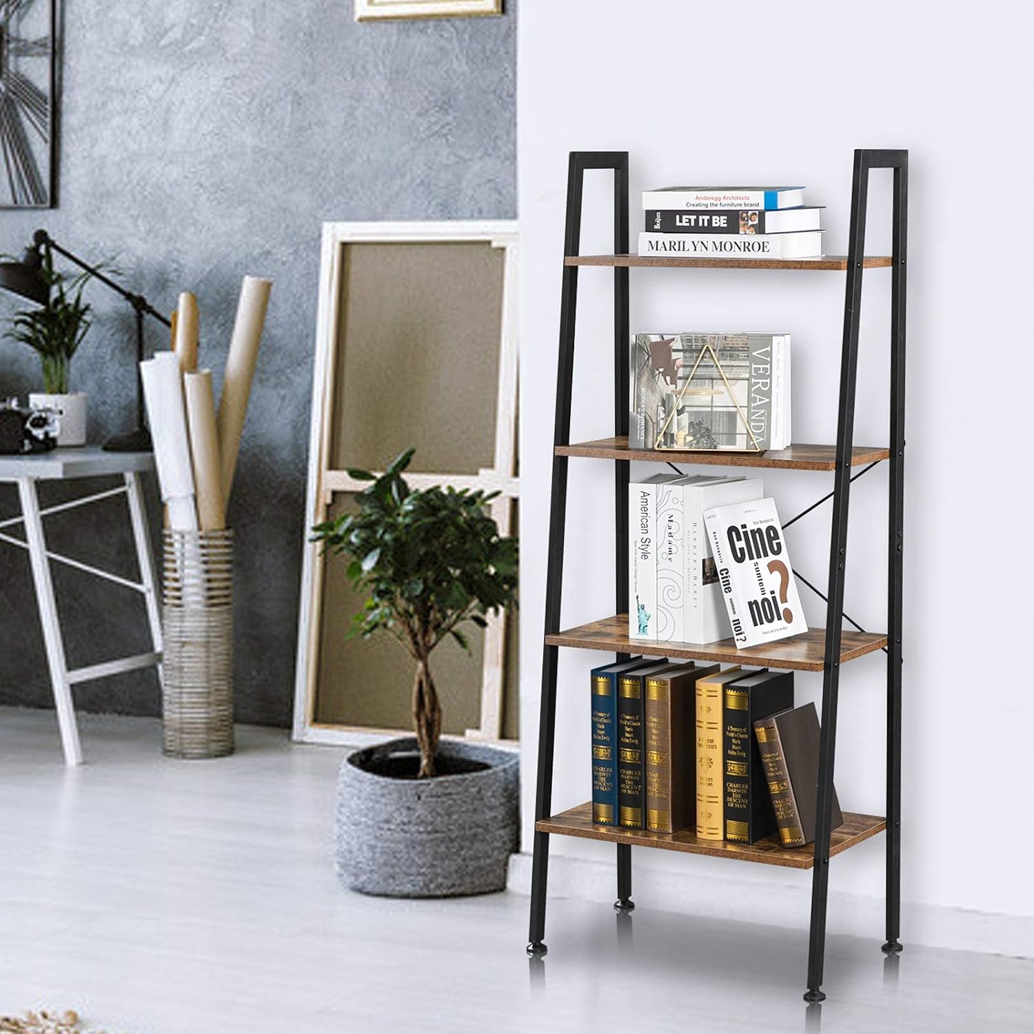 VINGLI Ladder Shelf 4-Tier Industrial Bookcase Free Standing Ladder Bookshelf with Metal Frame and Rustic Wood Plant Storage Shelf for Office, Living Room, Kitchen, Bedroom, Bathroom