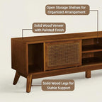 LKTART 68 Inch Mid Century Modern TV Stand with Rattan Doors,MCM Entertainment Center Media Console for 60/65/70/75 inch TVs,Long Boho Television Stand for Living Room,Light Walnut