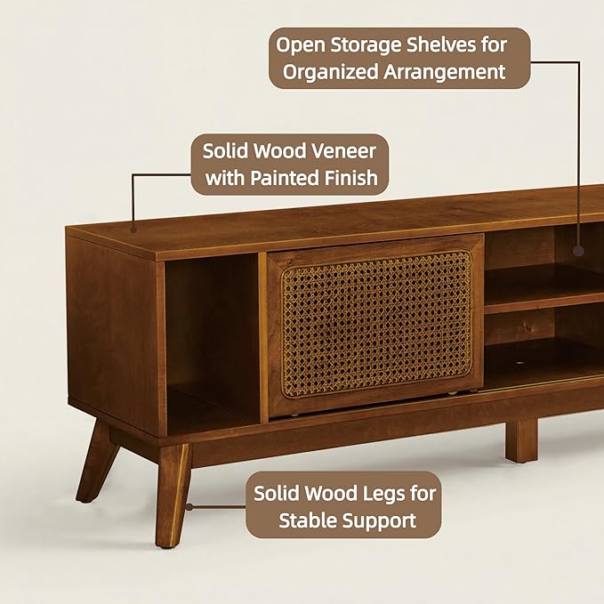 LKTART 68 Inch Mid Century Modern TV Stand with Rattan Doors,MCM Entertainment Center Media Console for 60/65/70/75 inch TVs,Long Boho Television Stand for Living Room,Light Walnut
