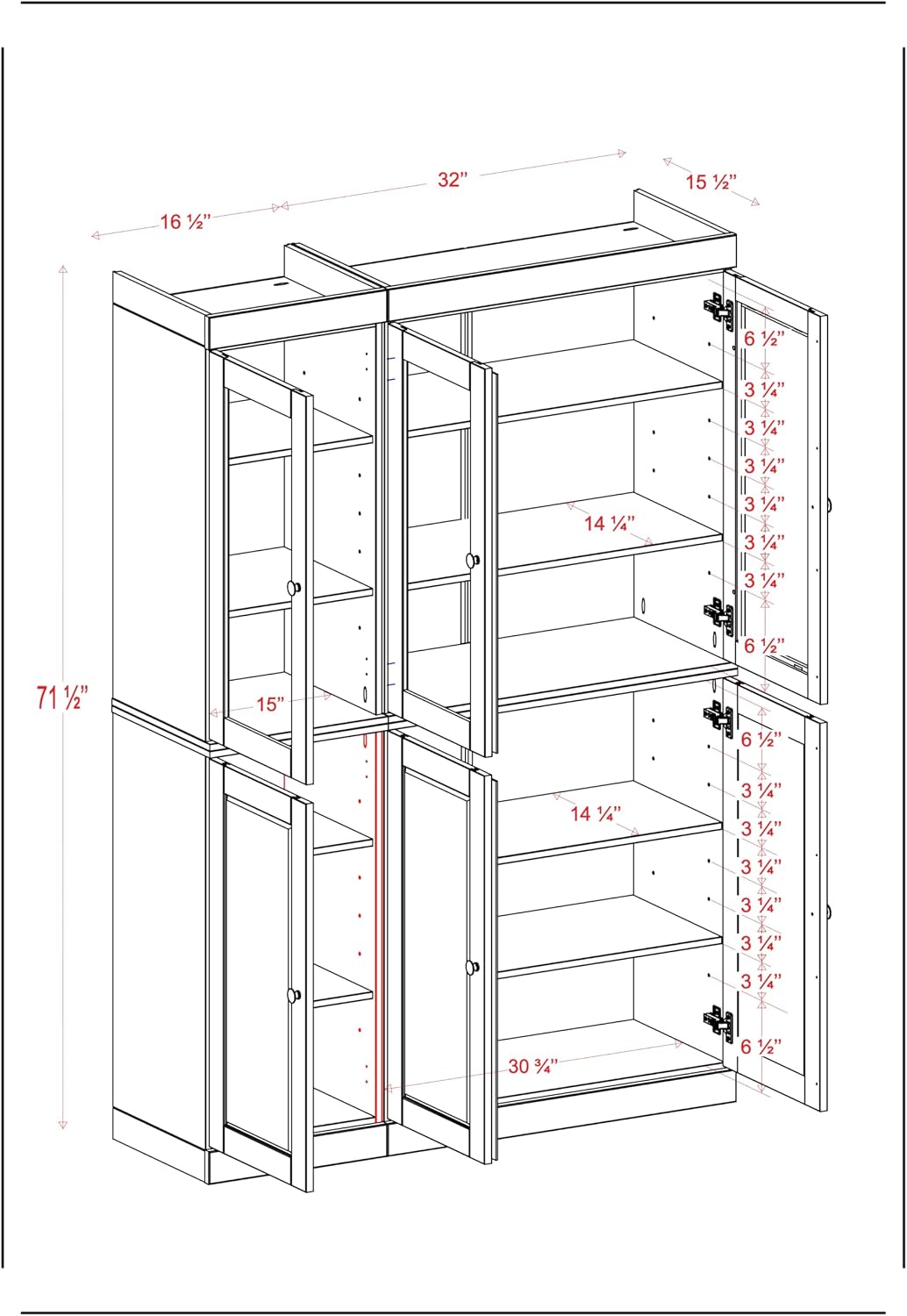 Palace Imports 100% Solid Wood 48.5"" Pantry Cabinet with Shaker, Clear Glass Doors, 2-Drawers & Adjustable Shelves