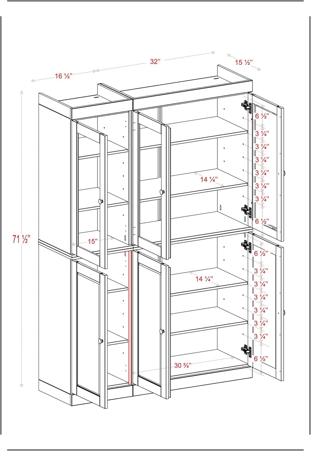 Palace Imports 100% Solid 2-Drawer Pantry, 3 Glass & 3 Wood Doors, Gray, ...