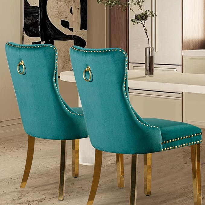 Velvet Upholstered Dining Chairs Set of 2, Modern Style Kitchen Side Chairs with Nailhead Trim and Gold Plated Leg, Metal Pulling Ring for Dining Room Living Room(Green,Set of 2)