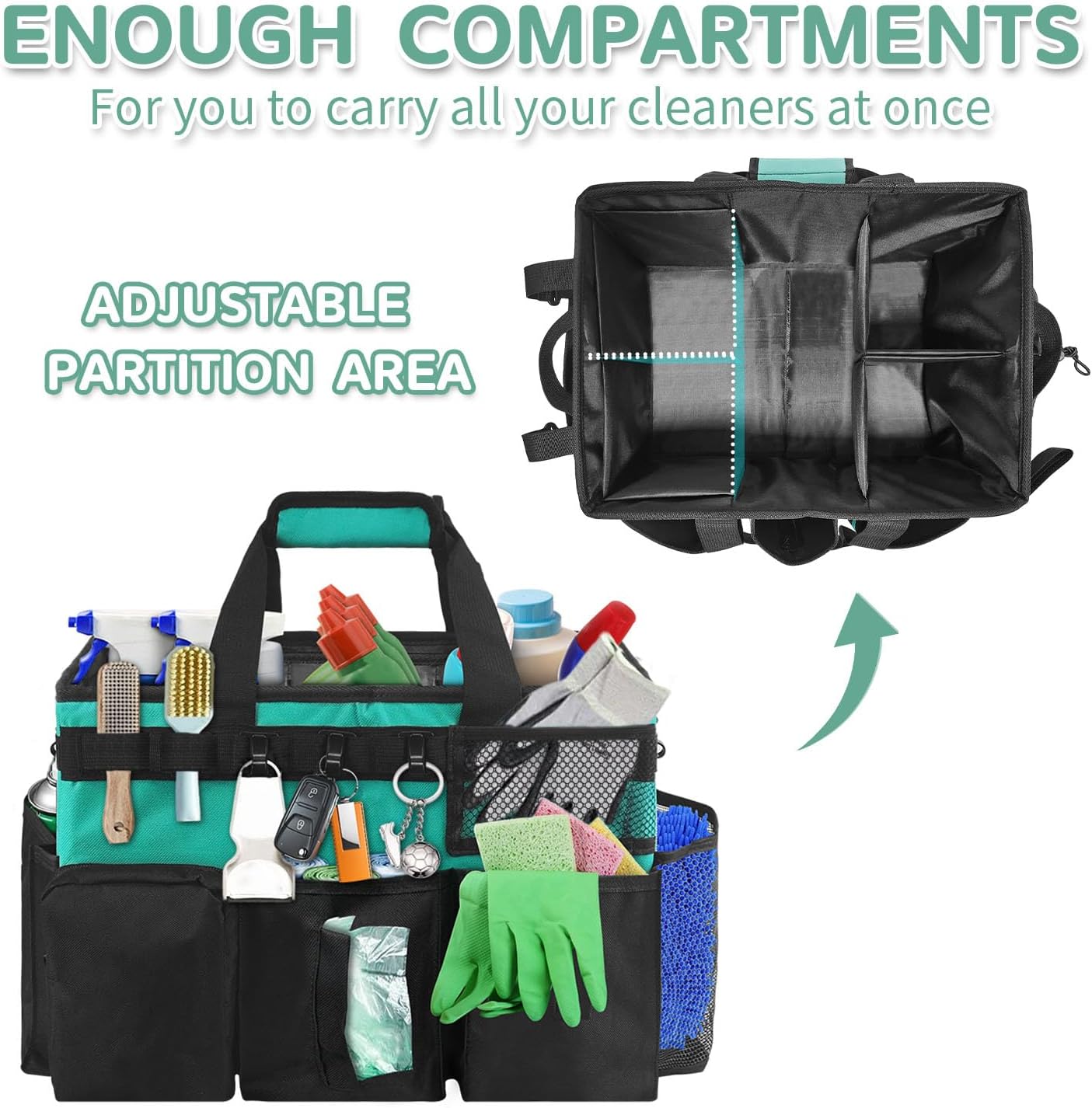Boczif Cleaning Caddy Bag Wearable, Cleaning Caddy Supplies Organizer with Handle, Shoulder Straps & Detachable Divide, Cleaning Tool Organizers Tote Bag for Cleaners & Housekeepers (Green)