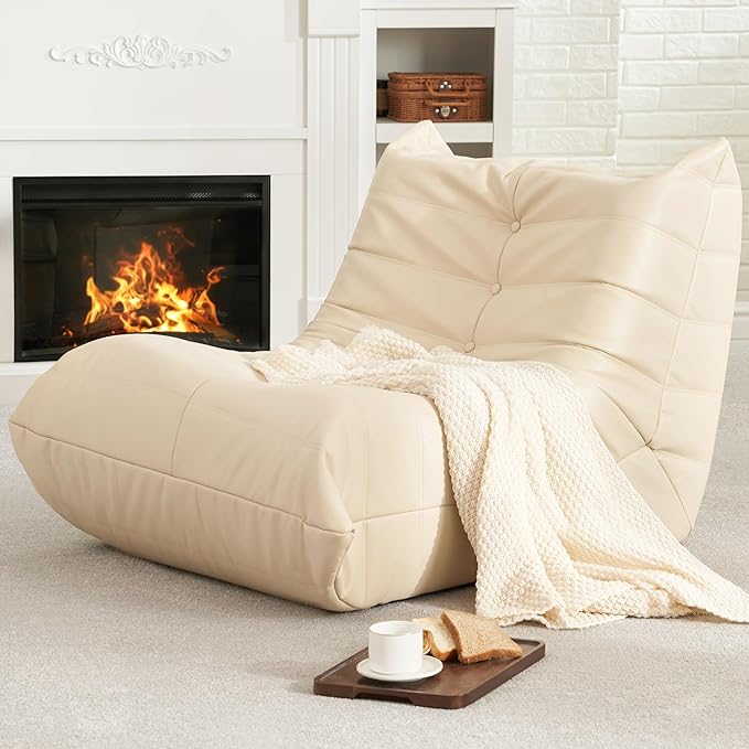 Hobestluk Giant Bean Bag Chair Lazy Floor Sofa, Memory Foam Fireside Sofa for Adults, Big Beanbag Faux Leather Armless Chair for Living Room Bedroom Dorm Office (Beige, Single)