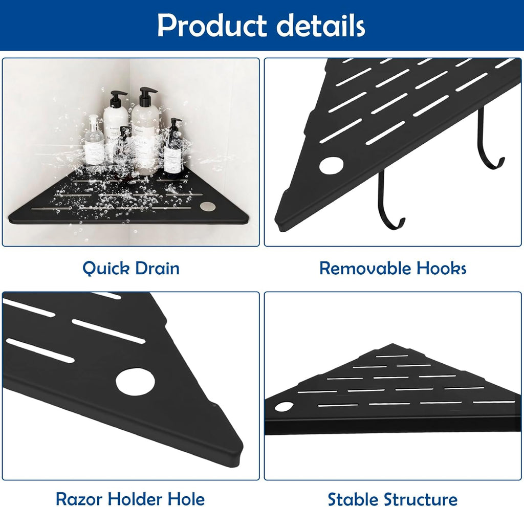 10" Corner Shower Shelves,Shower Corner Shelves Organizer Shelf for Tiled Wall 2 Packaging,SUS304 Stainless Steel Slot Design Tile Shower Shelves with 2 Hooks Matte Black