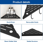10" Corner Shower Shelves,Shower Corner Shelves Organizer Shelf for Tiled Wall 2 Packaging,SUS304 Stainless Steel Slot Design Tile Shower Shelves with 2 Hooks Matte Black