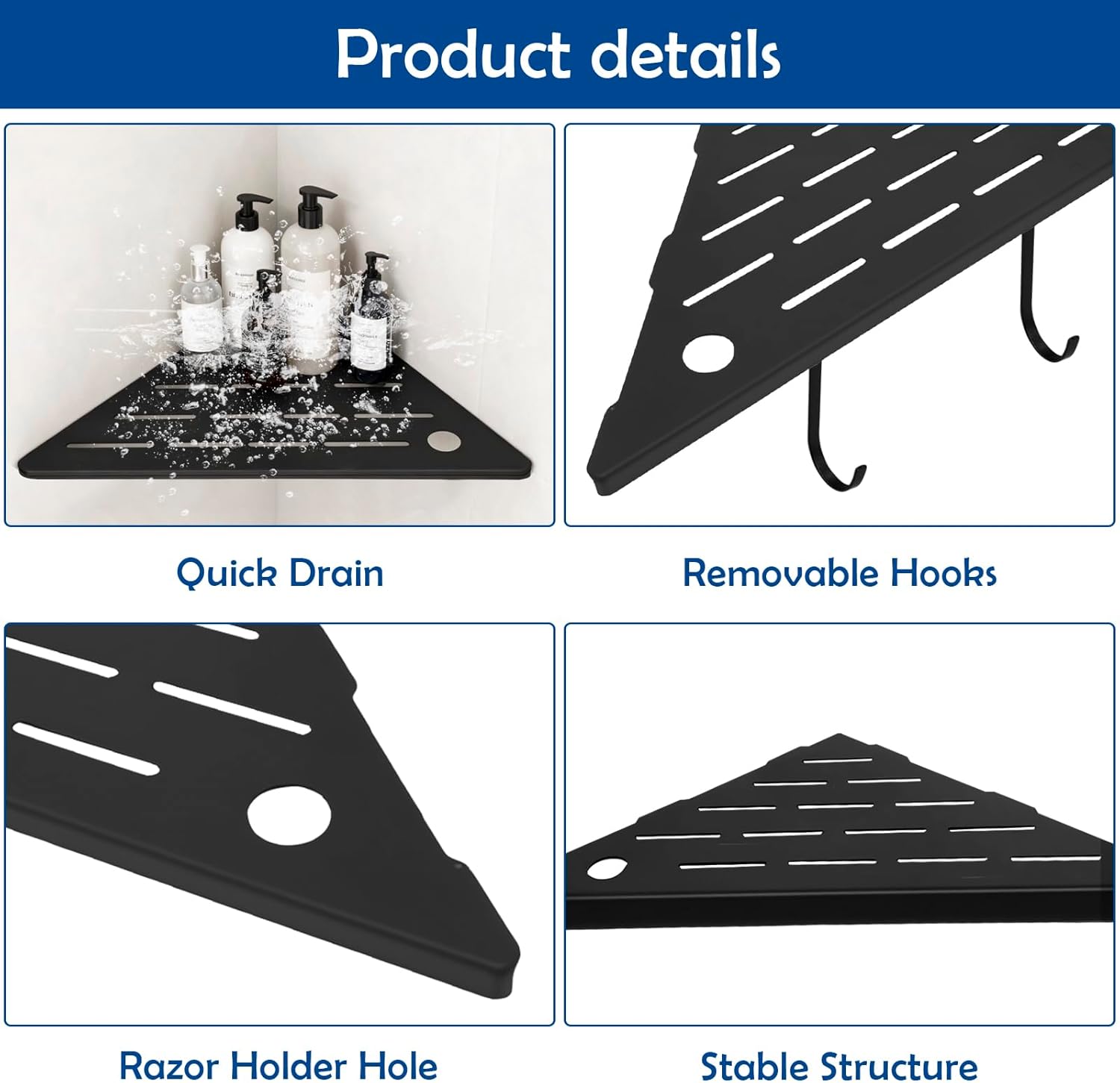 10" Corner Shower Shelves,Shower Corner Shelves Organizer Shelf for Tiled Wall 2 Packaging,SUS304 Stainless Steel Slot Design Tile Shower Shelves with 2 Hooks Matte Black