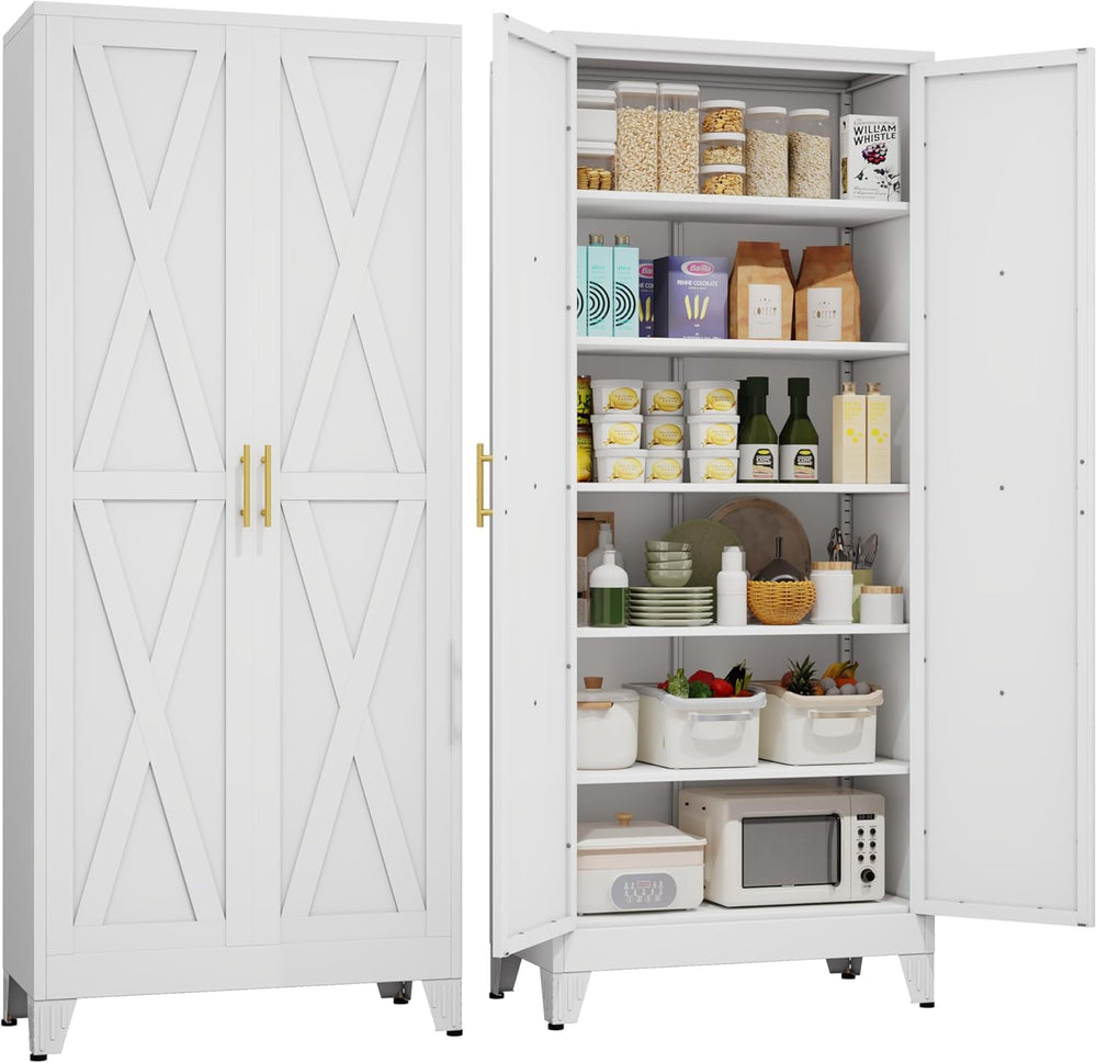 75.2" Tall Metal Kitchen Pantry Storage Cabinet, Freestanding Cupboard w...