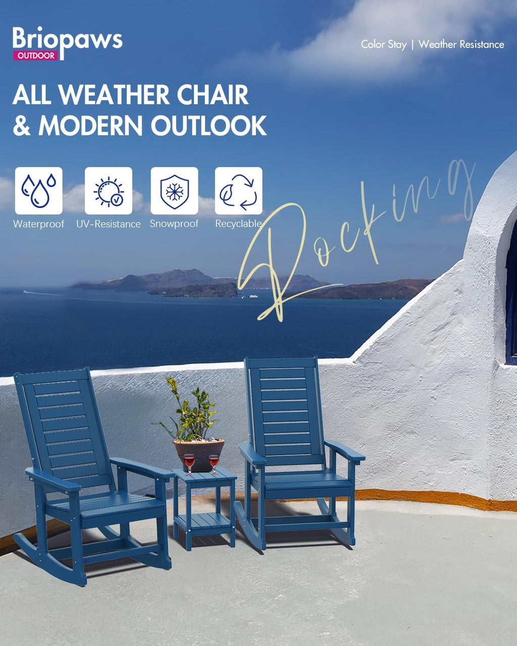 BRIOPAWS Outdoor Rocking Chairs | Set of 2 | Porch Rockers | HDPE Plastic| Blue | Oversized | Patio Rocker Chair | High Back | for Big Man | Weather Resistant | for Outside Deck Balcony Front Backyard