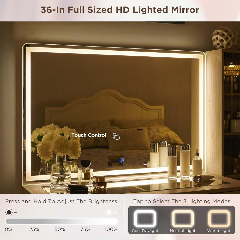 T4TREAM Fluted Makeup Vanity Desk with 36" HD Lighted Mirror, 48" B...