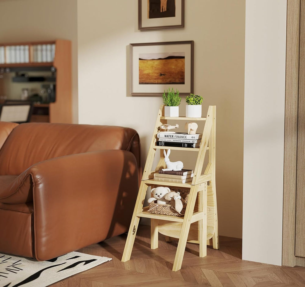 Library Ladder 4 Tier Folding Step Stool Chair 3-in-1 Multi-Functional Wood S...