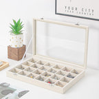 Coward Jewelry Organizer Box, Beige Velvet 24 Grids Ring Earring Jewelry Display Tray Case with Transparent Glass Lid for Home Drawer or Shop Selling