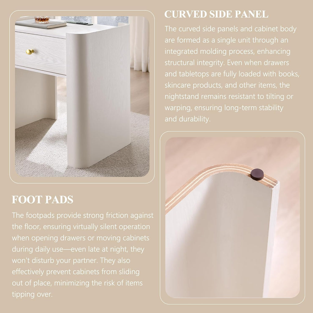23.6" Tall Modern Nightstand with Charging Station, 22" Wide Curved Bedside Table with 1 Storage Drawer, Wooden Night Stand, Large End Table for Bedroom, Living Room, White
