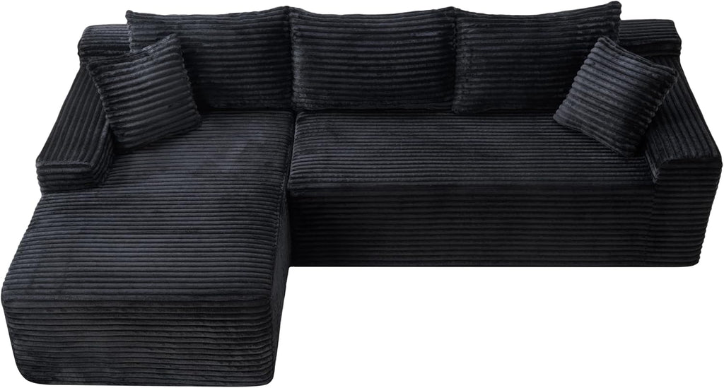 106-Inch L-Shaped Left Facing Boneless Corner Sofa 2 PCS Modular Sectional Cloud Sofa Couch with Chaise Lounge and Toss Pillow, Corduroy Boneless L-Shaped Cloud Couches
