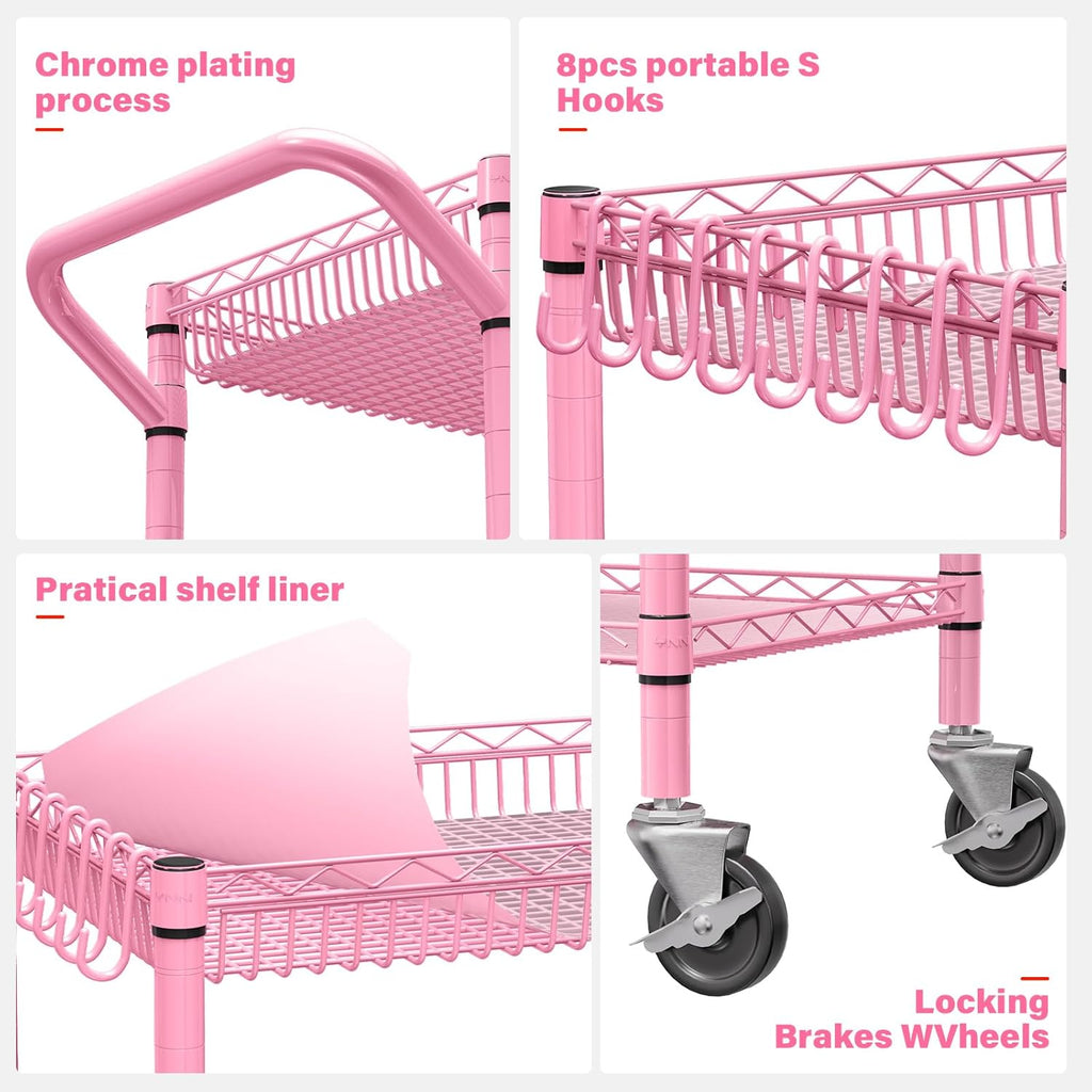 YNN Pink Rolling Cart, 990Lbs 3 Tier Heavy Duty Metal Cart with Wheels & Handle NSF Wheeled Cart 31" D x 18" W x 33" H for Bedroom, Bathroom, Kitchen,Garden,Decor,Serving