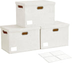 17" Large Collapsible Storage Bins with Lids, Stackable Closet Organizers with PU Handle and Labels, 3-Pack Decorative Fabric Storage Boxes for Home, Bedroom, Closet, Office, Nursery(White)