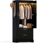 YESHOMY 70.9" Armoire Wardrobe Closet with Sensor Light, 2 Drawers (Black) | 20" Deep Design, Side Hooks, Soft-Close Hinges, Thickened Base Support