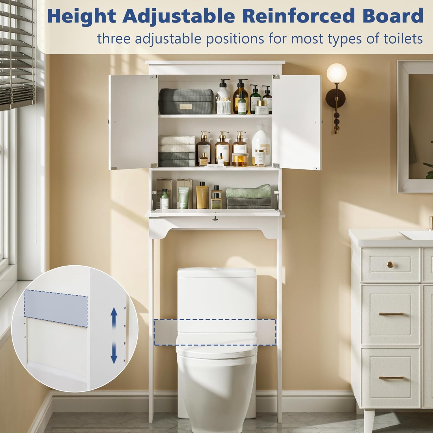 Over The Toilet Storage Cabinet, Bathroom Cabinet Over Toilet with Double Doors and Adjustable Shelf, Freestanding Space Saver Bathroom Shelf Above Toilet for Room, White