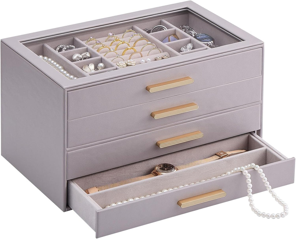 Lolalet Jewelry Box Organizer, 4-Layer Jewelry Organizers and Storage Case with Glass Lid, Ring Earring Bracelet Necklace Holder Organizer, Birthday Christmas Gifts for Women Girls -4Layer, HazePurple