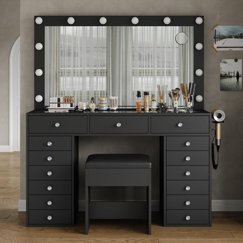 FUSOU 15 Drawers Vanity Desk with Mirror and Lights, Black | 47'' Mak...