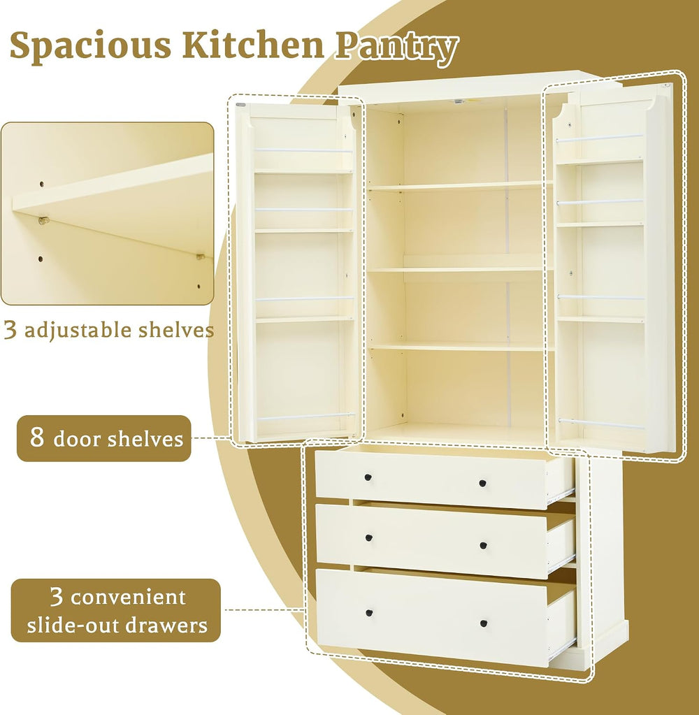 77" Tall Kitchen Pantry Cabinet, Pantry Storage Cabinet with 2 Door 3 Dr...