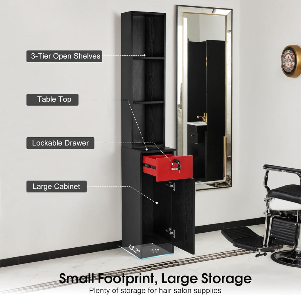 BarberPub Locking Wall Mount Hair Styling Barber Station Drawer Storage Beauty Salon Spa Equipment 3036-1 (Black&Red-Handle Left)