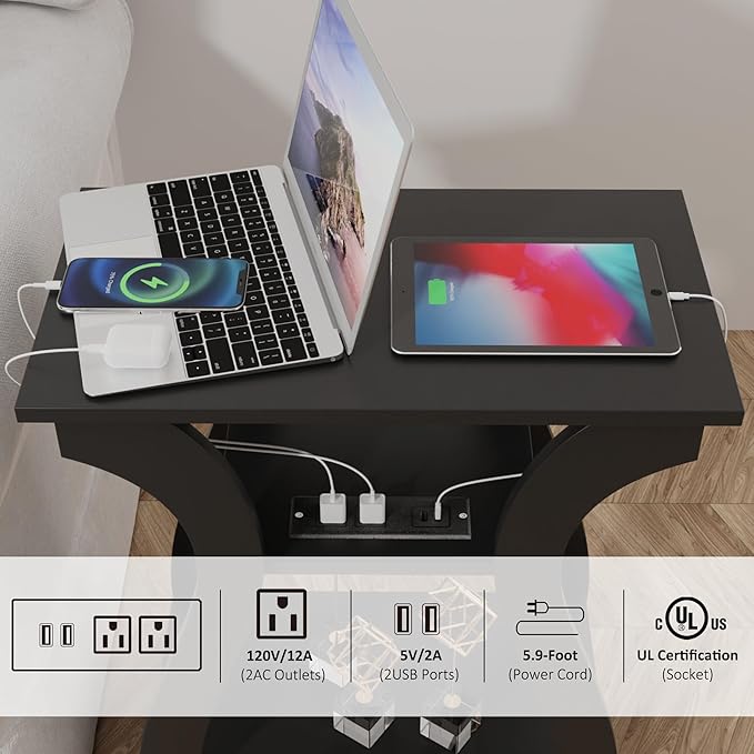 End Table with Charging Station, Side Table with USB Ports and Outlets, Night...