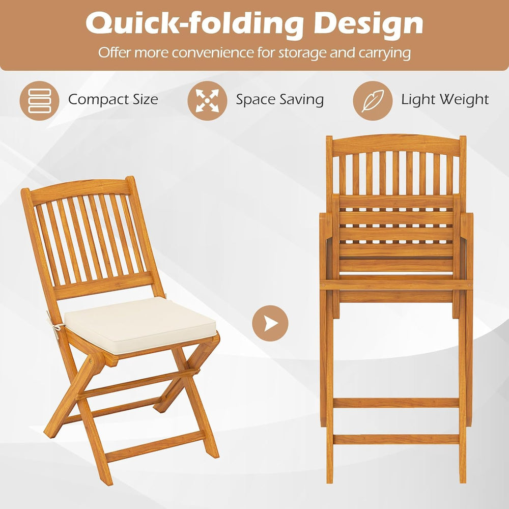 HAPPYGRILL Outdoor Folding Chairs Set of 4, Acacia Wood High-Back Chair w/Sea...